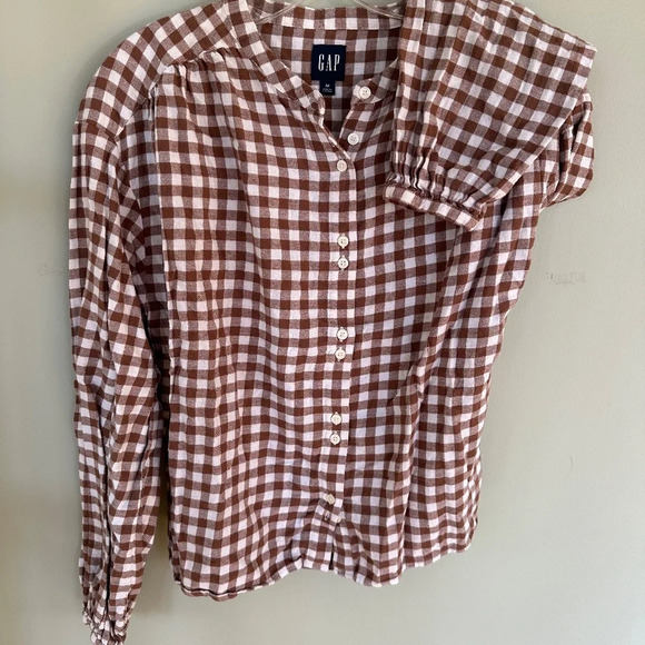 Gap Woman's Brown/White Check Flannel Size M Long Sleeve Double Button - Picture 1 of 10